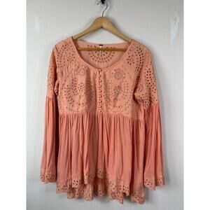 Free People Sea of Love Peach Eyelet Bell Sleeve Boho Tunic Top Blouse MEDIUM